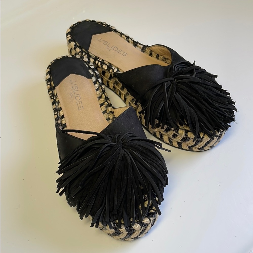 J/SLIDES Women's Size 8 Black Tan Leather Pom‎ Pom Espadrille Platform Sandal